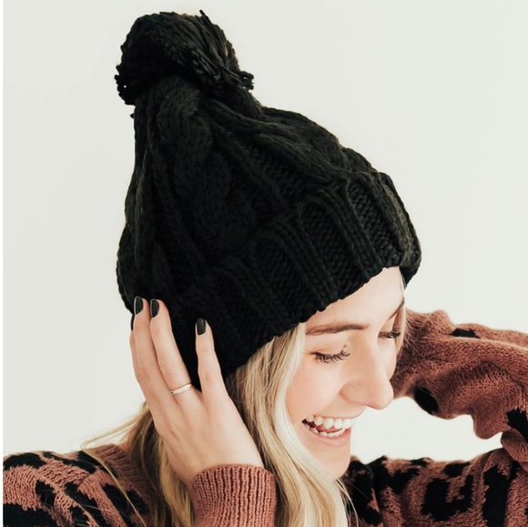 Black Pom Pom Crochet Beanie - Picture 1 of 1